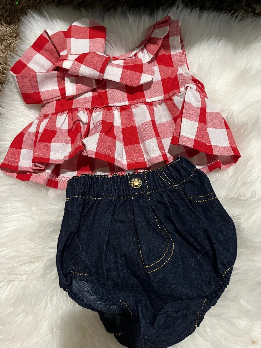 Red Gingham Peplum Top & Navy Baby Bloomers Set